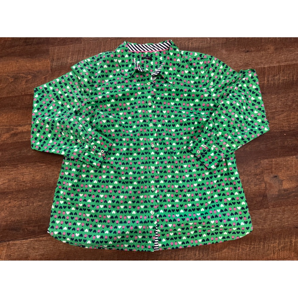 Talbots Ladybug Heart Print Button Down Shirt Green Cotton Estimated 2X